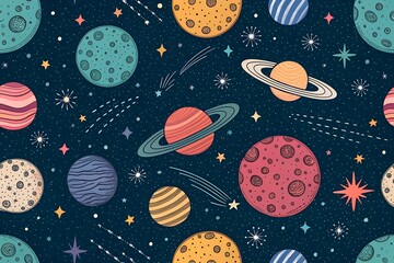 Seamless space-themed pattern with hand-drawn planets, cosmic textures, and doodle moons