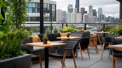 A stylish rooftop dining area featuring modern furniture, greenery, and a city skyline backdrop, perfect for relaxation and socializing.