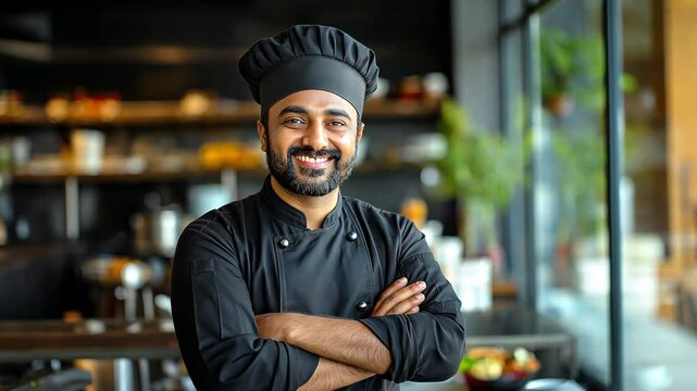 Indian chef stands with his arms crossed in the restaurant kitchen.