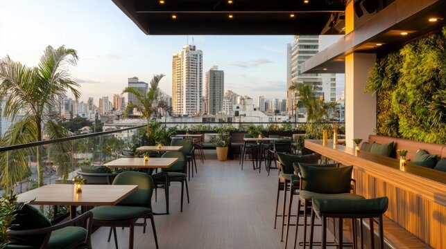 A modern rooftop restaurant featuring green decor, city views, and stylish seating, perfect for dining and socializing in an urban setting.