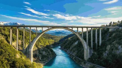 Fototapeta premium Majestic arched bridge spanning a river valley, surrounded by lush green mountains under a bright blue sky.