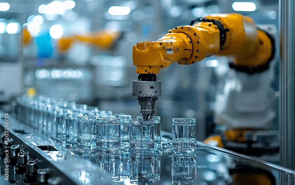 Poster robotic arm assembling glass products on a conveyor belt in a factory.