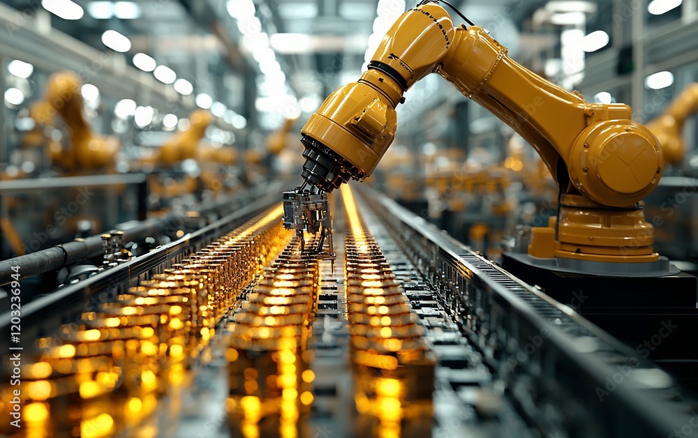 Poster Automated robotic arm assembling products on a factory assembly line.