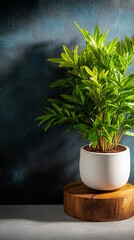 Vibrant green plant thrives in soft light against dark wall. AI Generated