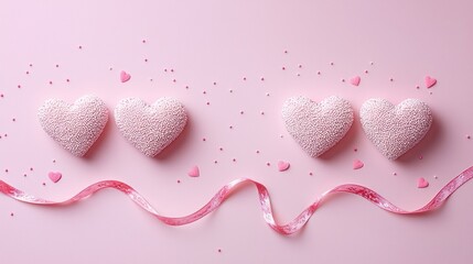 Fototapeta premium Pink hearts, ribbon, sprinkles on pink backdrop for Valentine's