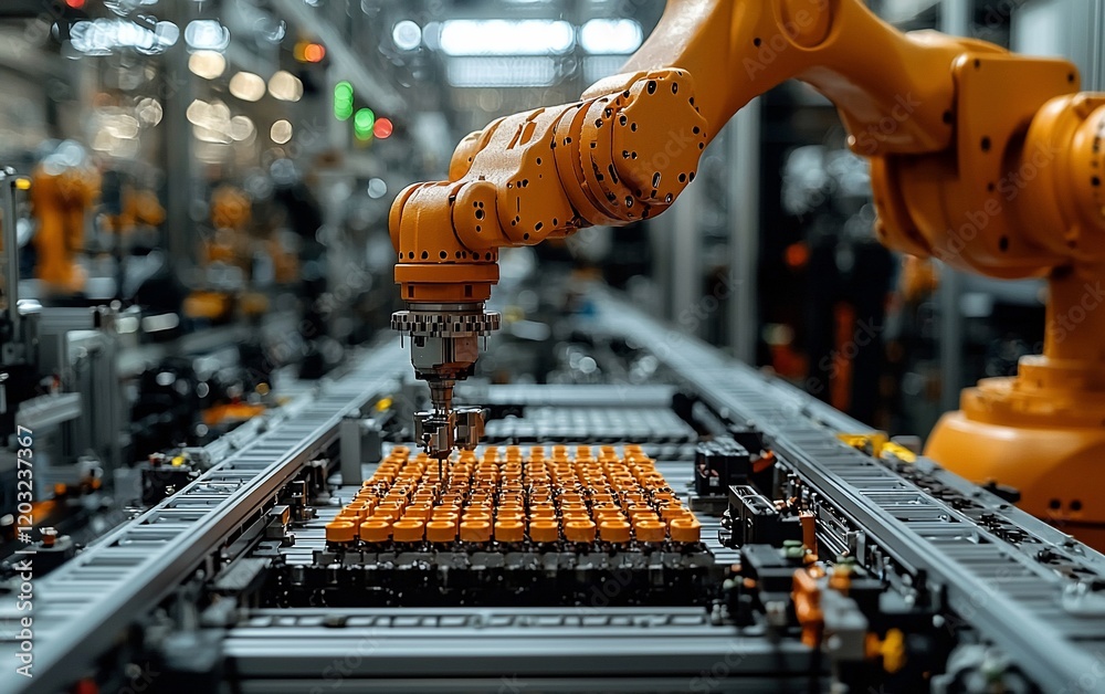 Aufkleber robotic arm assembling parts on automated production line.