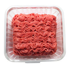 Ground Beef in a Tray: A close-up view of a neatly packaged tray of fresh ground beef, the red meat textured and inviting, ready for cooking.