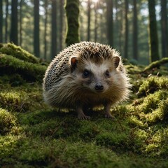 Fototapeta premium A hedgehog curled up in a field of soft moss, surrounded by a gentle white glow. A porcupine walking along a forest floor covered in mushrooms. A hedgehog curled up on a bed of moss in an enchanted fo