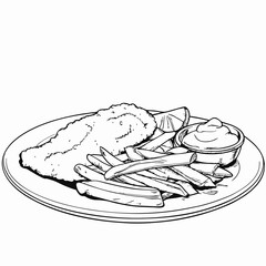 Fish and chips on plate illustration in sketch style