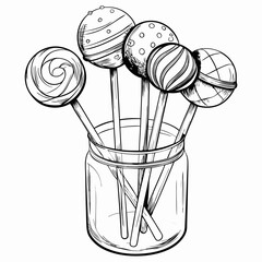 Cake pops in a jar illustration in black and white sketch style