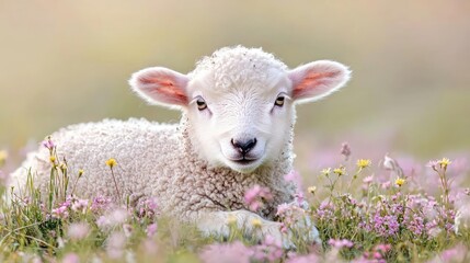 Obraz premium Lamb in spring meadow, flowers background, farm animal, cute