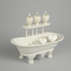 Miniature white bathtub with candles and heart-shaped decor.