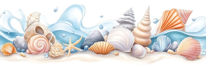 Naklejka premium Collection of seashells in a serene coastal landscape with gentle waves and a sandy shore during daylight