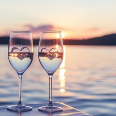 Obraz premium Romantic sunset with heart-shaped reflections in champagne glasses.