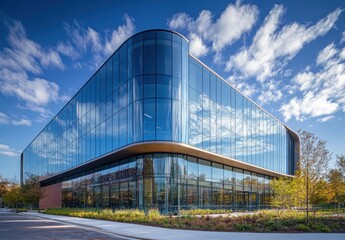 Obraz premium Modern Glass Building with Reflective Facade Surrounded by Greenery Against a Bright Blue Sky with wispy Clouds During Daytime