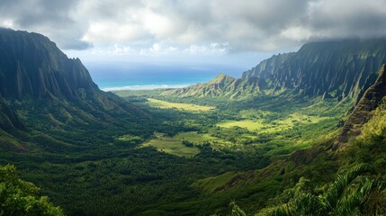 Majestic Valley Landscape: A Breathtaking Panorama of Lush Greenery, Towering Mountains, and the Tranquil Ocean