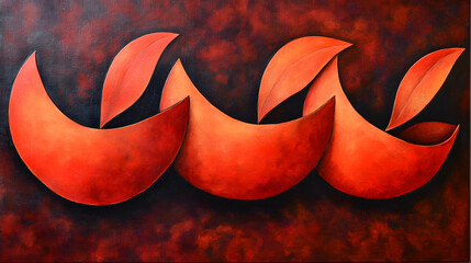 A bold abstract featuring jagged, sharp-edged shapes in fiery shades of orange and red with dynamic black accents 