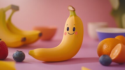 Happy cartoon banana with fruits.