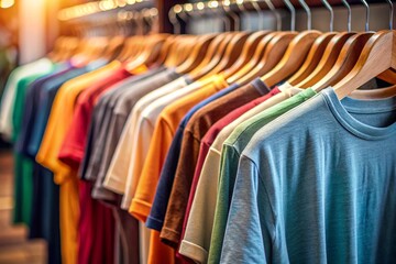 Obraz premium Colorful t-shirts hanging on a clothes rack, clothing shop 