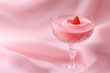 Delicate pink drink topped with fresh strawberry, exuding elegan
