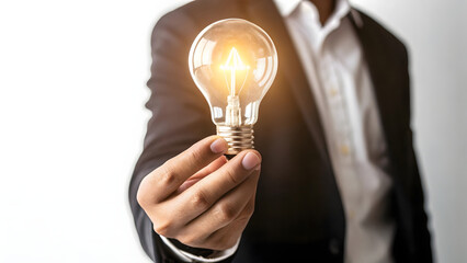 Closeup of a businessman's hand in a suit holding a lightbulb, symbolizing a successful business idea