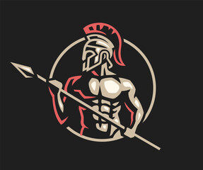 Spartan warrior with helmet and spear on a dark background.