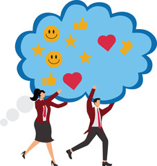 Customer feedback user experience or client satisfaction opinion for product and services review rating or evaluation concept young adult people giving emoticon feedback such as stars thumbs up