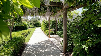 Obraz premium Serene Garden Path Under Wisteria Pergola.