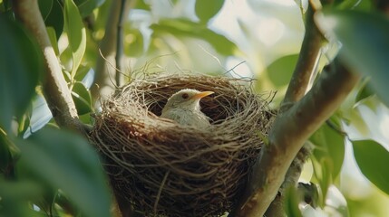 close up of bird nest in tree, showcasing young bird nestled inside, surrounded by lush green leaves. scene evokes sense of tranquility and nature beauty
