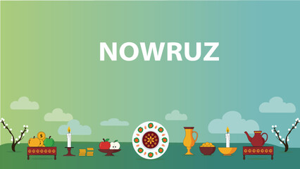 Nowruz Celebration with Haft-Seen Table and Green Background