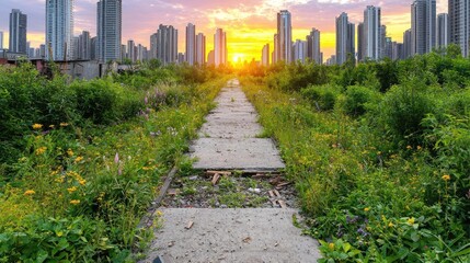 Obraz premium Overgrown path towards city skyline at sunset. Urban renewal concept