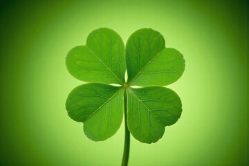 A four leaf clover with intricate veins against a gradient green background