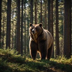 Fototapeta premium brown bear in the forest Develop a bear image set in an ancient forest, with towering trees draped in moss and shafts of sunlight filtering through the canopy. Capture the bear amidst the dense foliag