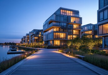 Obraz premium Modern waterfront apartments showcasing elegant architecture at twilight with warm lights reflecting on serene water, creating a tranquil urban environment