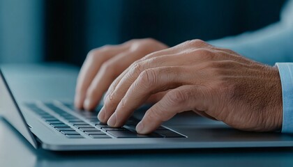 Typing on laptop closeup Close-up of hands typing on a laptop keyboard, suggesting productivity and technology in a modern workspace.