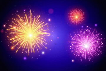 Naklejka premium Fireworks in yellow orange red and purple on blue gradient