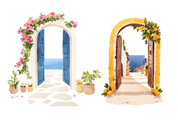 Watercolor wooden door entwined with flowers. Cute image suitable for cards, invitations, weddings, fabric making cozy door with flowers on white background