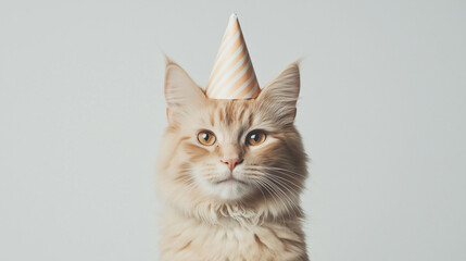 Obraz premium Maine Coon Cat in Party Hat: A majestic Maine Coon cat, with its long, fluffy fur and striking amber eyes, wears a charming party hat.