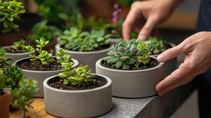 Nurturing small plants in modern pots, showcasing hands caring for succulents. This captures essence of gardening and plant care, evoking sense of tranquility and connection to nature
