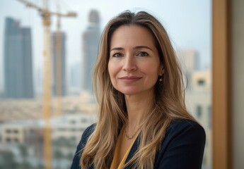 Professional businesswoman with long hair standing confidently in an office with a modern cityscape in the background, conveying success, ambition, and leadership qualities.