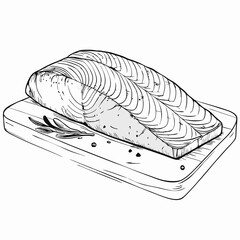 Salmon fillet on wooden board, black and white sketch