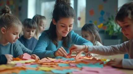 Fototapeta premium Teacher and children creating colorful paper crafts in kindergarten class