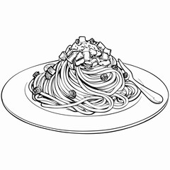 Plate of spaghetti with sauce in black and white sketch