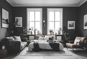 Stylish Dark Bedroom Interior with Plants and Natural Light. A cozy and stylish dark bedroom featuring a comfortable bed/a sofa and a leather chair
