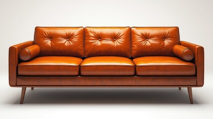 Obraz premium Orange leather sofa, tufted cushions, mid-century modern.