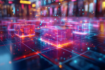 Glowing Cubes Network: Abstract Digital Technology Background