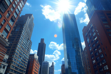 Obraz premium Modern Skyscrapers Against a Blue Sky