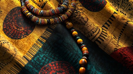 Colorful beaded necklace resting on vibrant african fabric