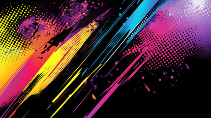 Fototapeta premium A chaotic pattern of dots, dashes, and scribbles in black and vibrant neon colors on a textured background 