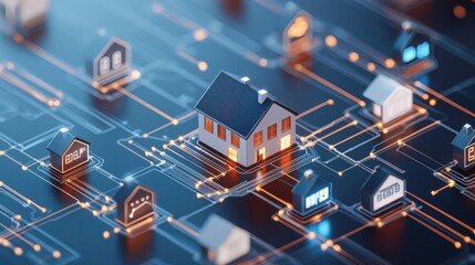 A digital representation of a house surrounded by interconnected nodes, symbolizing smart homes and technology integration in residential spaces.